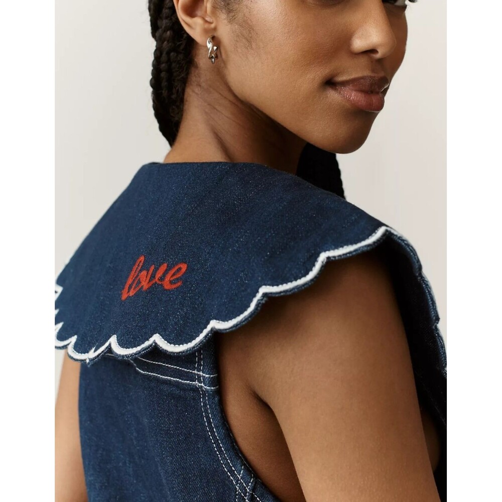 Anthropologie Pilcro Scalloped Denim Buttondown Dress Sleeveless Navy MP 288613 - Picture 5 of 10